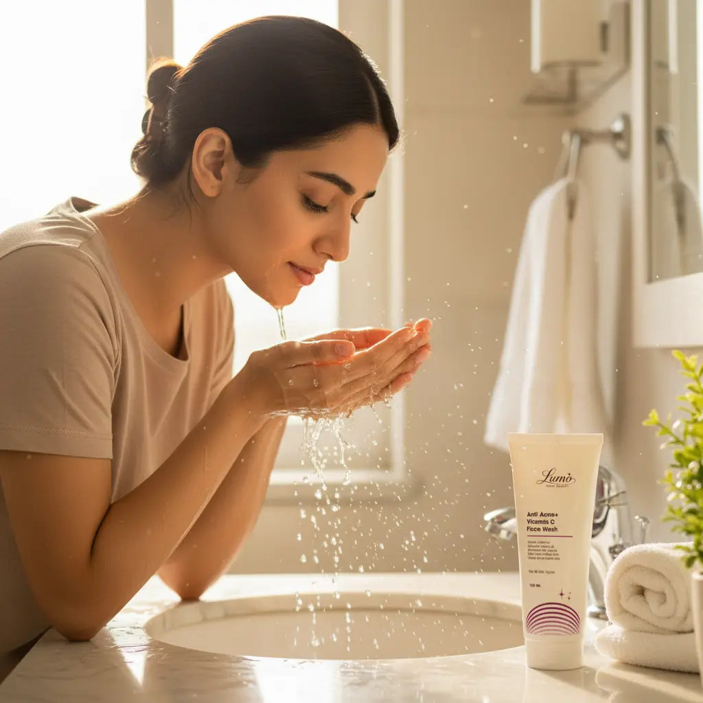 Pakistani girl washing face with Lumo product on counter