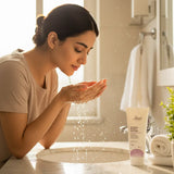 Pakistani girl washing face with Lumo product on counter