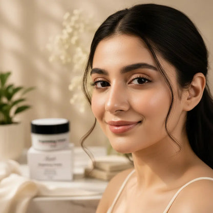 Pakistani girl with bright glowing skin, Lumo Brightening Cream in background
