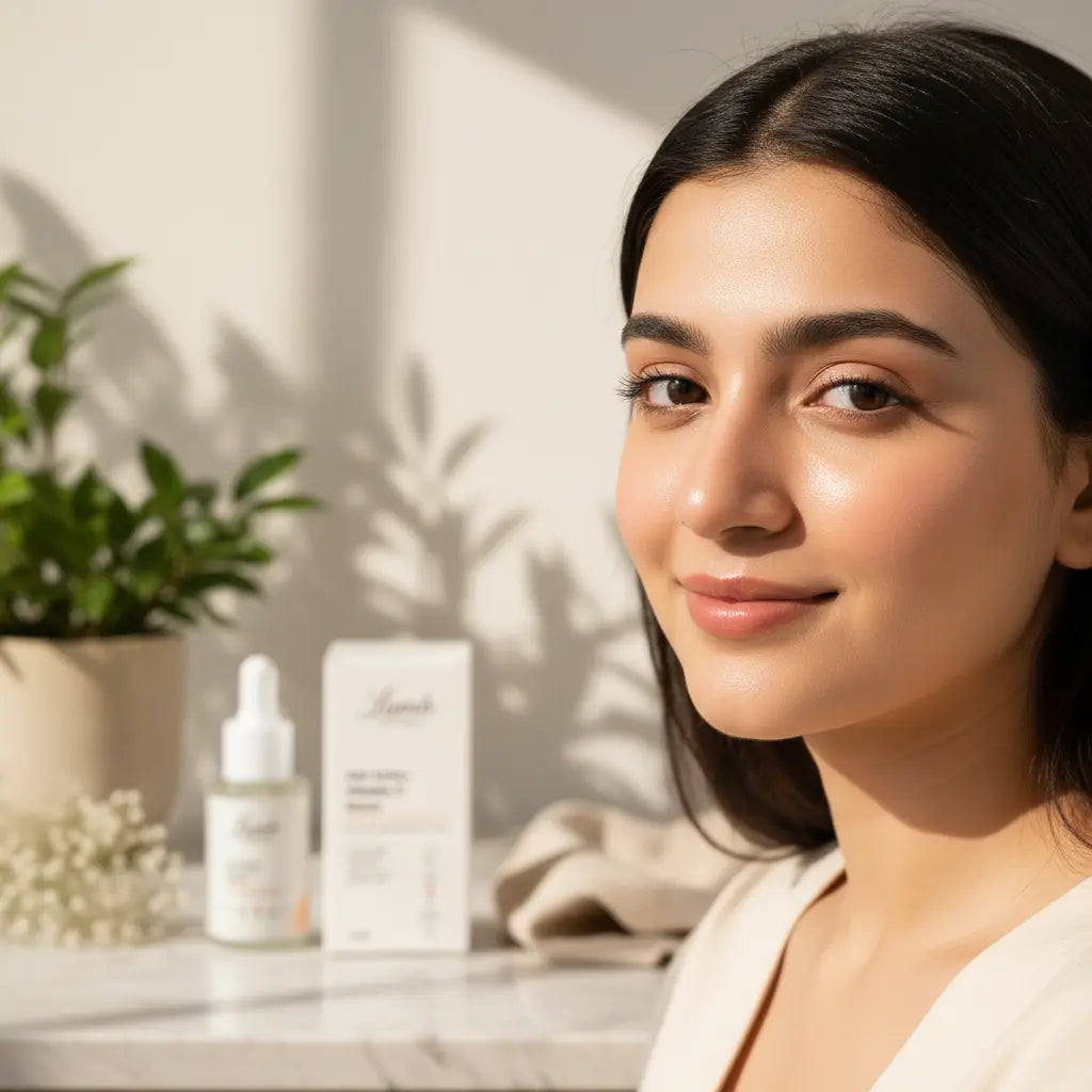 Pakistani girl with glowing skin, Lumo Serum in background