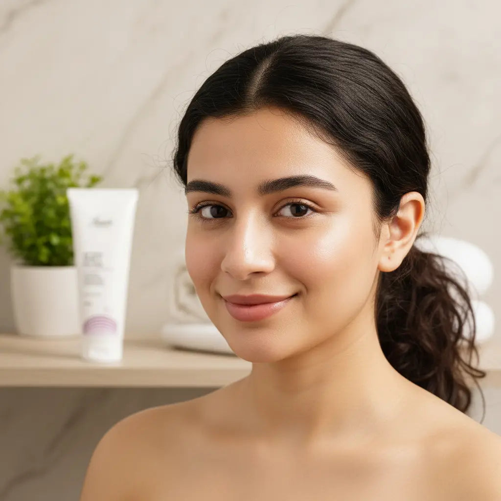 Pakistani girl with glowing skin, product in background